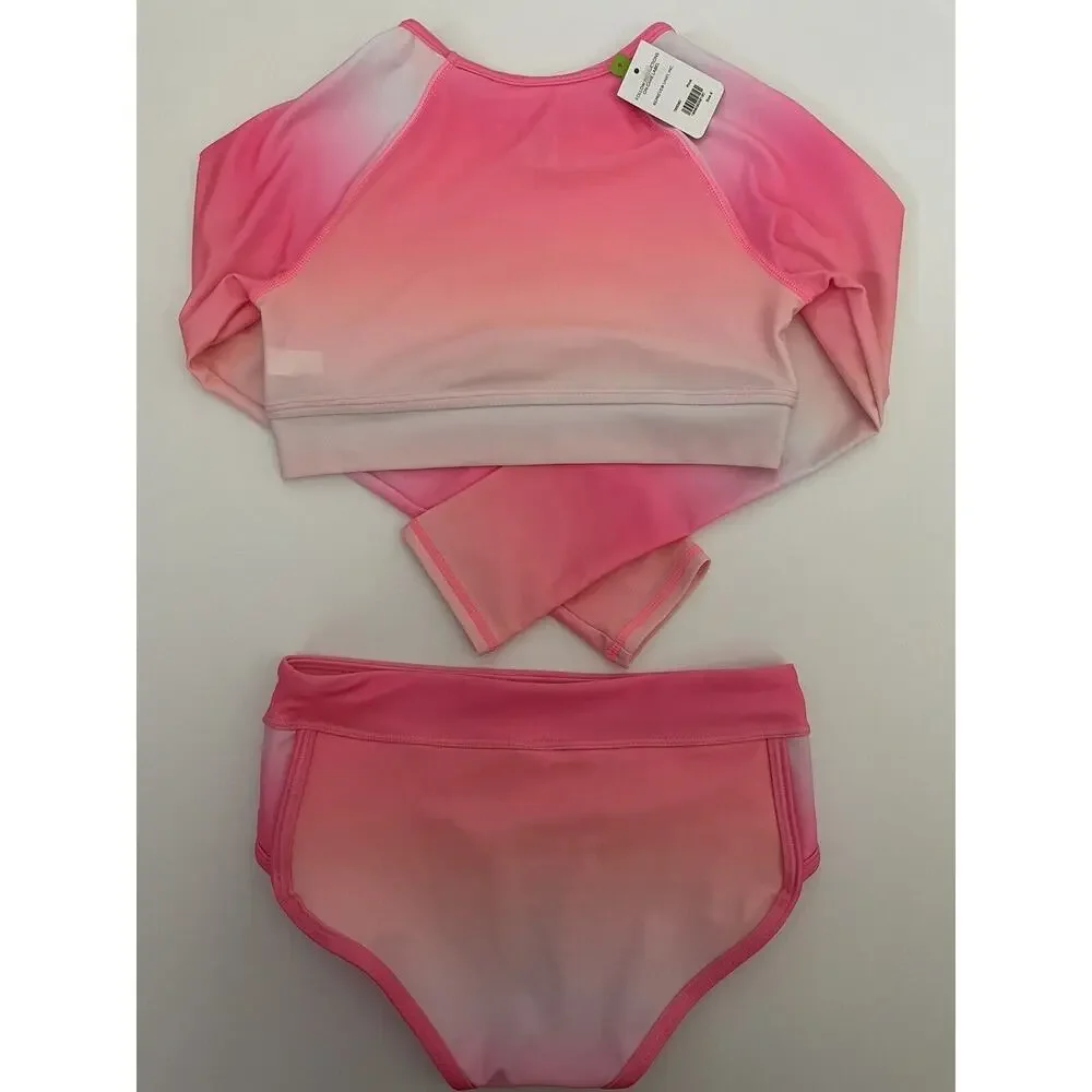 Justice Pink Cloud Ombré Raglan Rash Guard Bikini Swimsuit 2 Piece Set Size 8